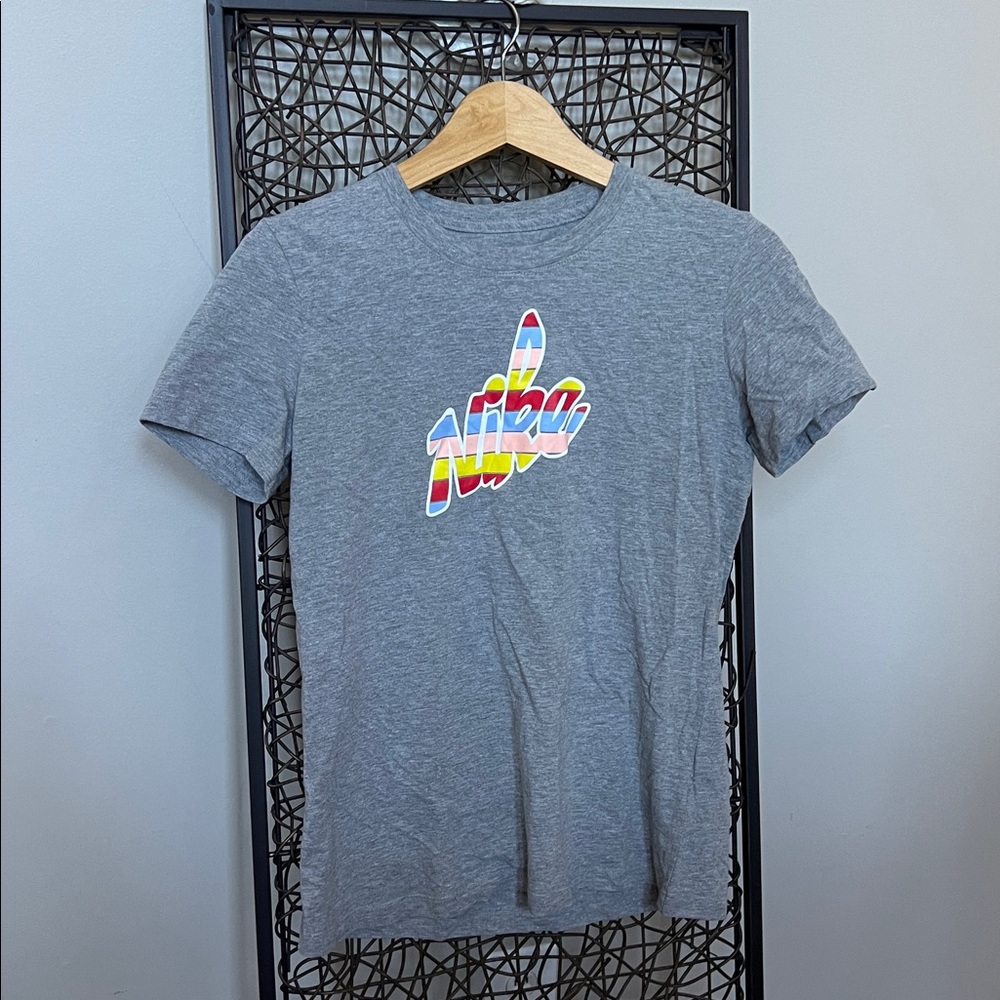 Nike Women’s Grey Logo T Shirt Colorful Cursive graphic print Cotton Bl S